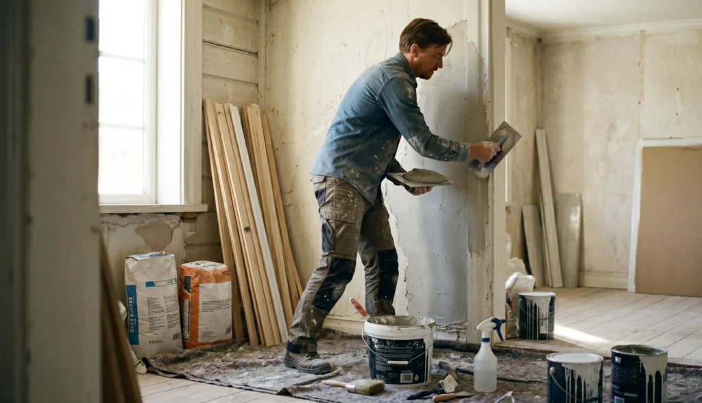 A tradesman in work clothes mid-task, smoothing fresh plaster onto an interior wall with a trowel, captured from a slight side angle. Natural light coming from a window off-frame. Plaster bucket and tools visible on a drop sheet below. Unfinished wall section beside a freshly skimmed section for contrast. No branding, no logos, realistic site photography, not a stock photo look.