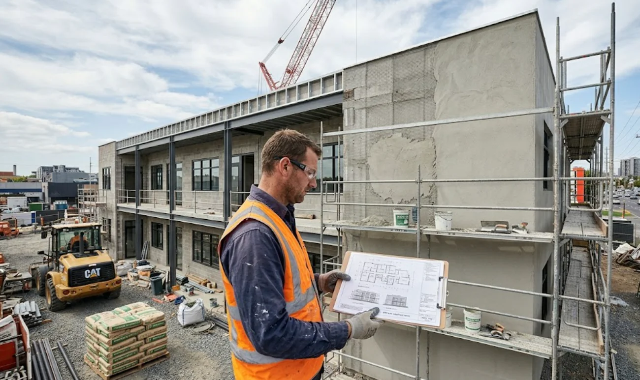 Builder and renderer reviewing commercial building plans on site in Melbourne