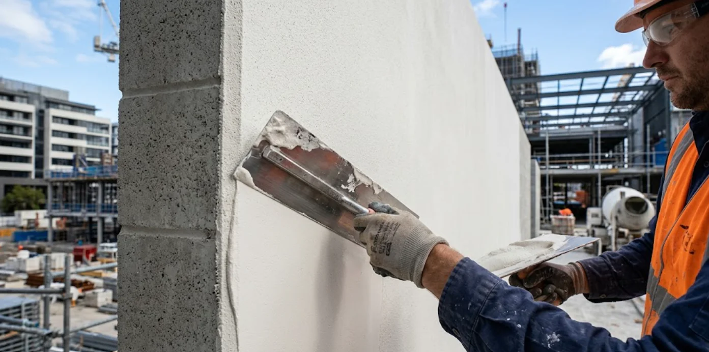 Renderer applying acrylic render to a commercial wall section in Melbourne