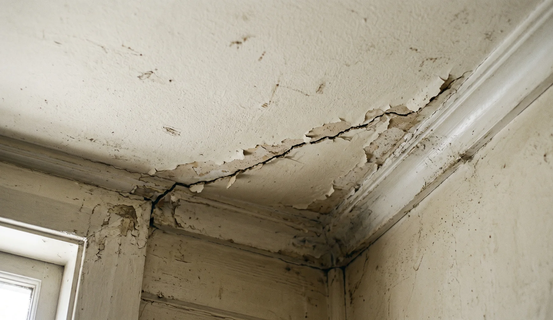 Hairline crack with flaking paint on a ceiling corner in an older Melbourne home