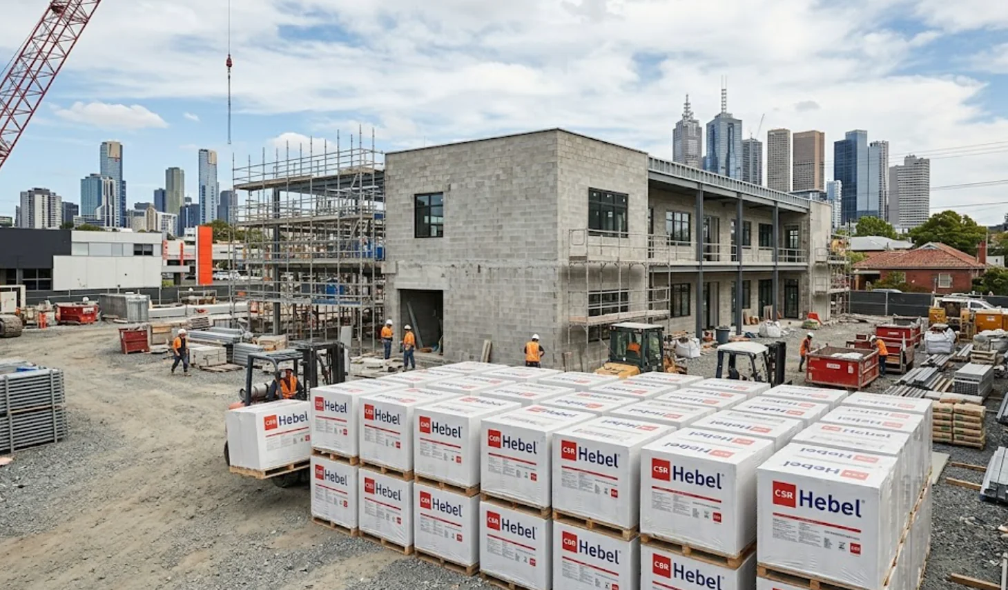 Hebel panels stacked on a commercial construction site in Melbourne ready for installation