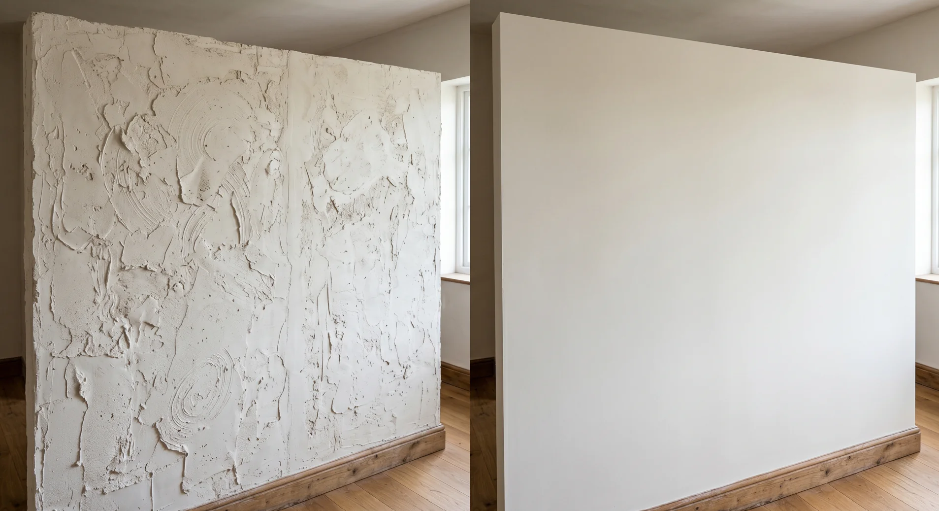 Comparison of an uneven plastered wall next to a smooth, properly finished wall