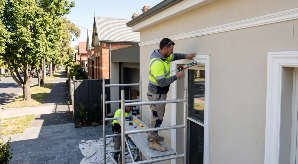 Wall-moulding-trim-being-fitted-along-a-rendered-exterior-facade-of-a-Melbourne-home-by-a-tradesperson-2