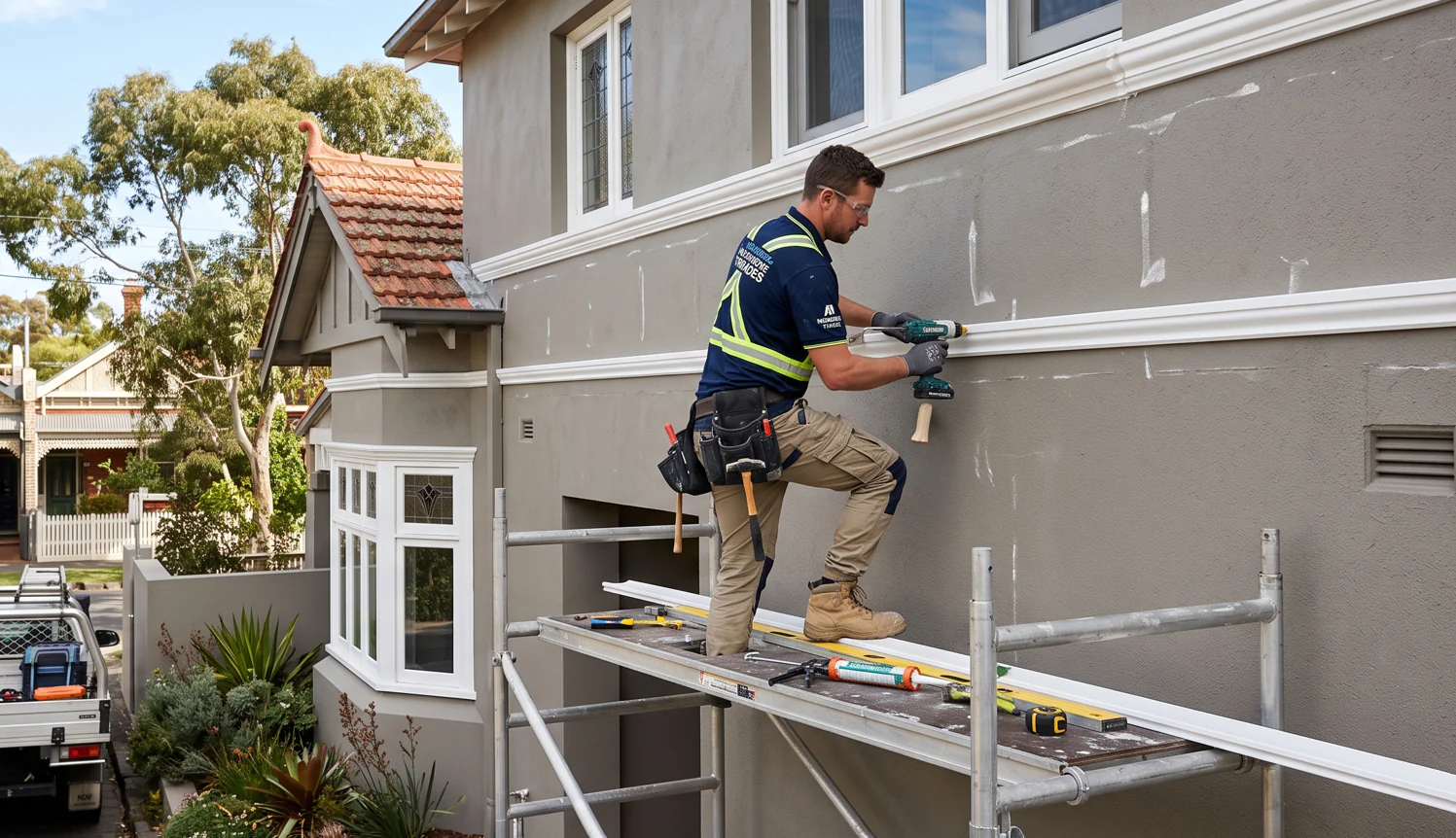 Wall moulding trim being fitted along a rendered exterior facade in Melbourne