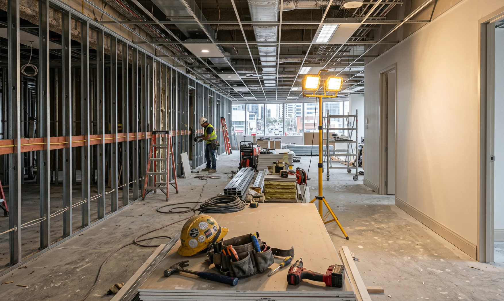 Partially completed commercial office fit-out showing fresh plastering work