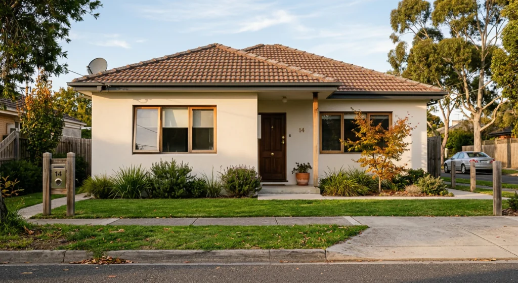 A-freshly-rendered-single-storey-brick-veneer-home-exterior-photographed-from-the-street-in-natural-afternoon-sunlight-showing-a-smooth-off-white-render