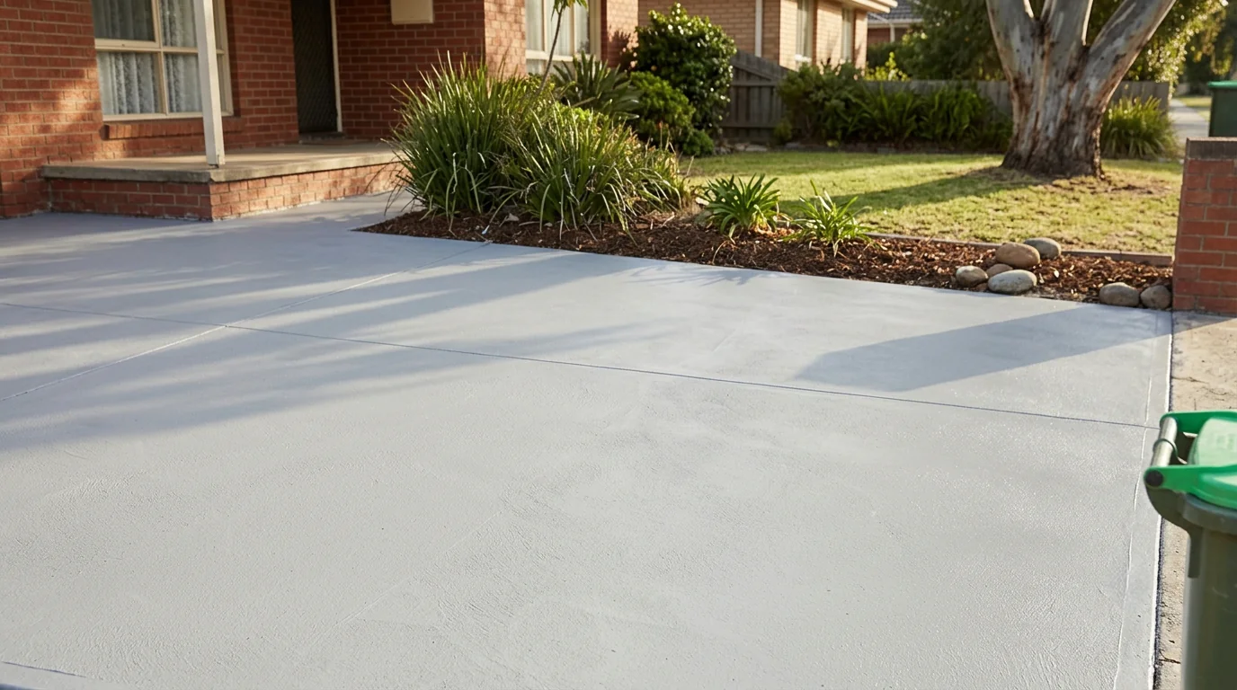Freshly resurfaced concrete driveway with a smooth even top finish outside a Melbourne home