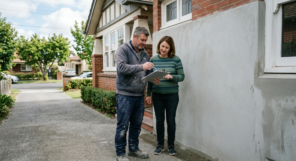 A-homeowner-and-a-tradesperson-standing-outside-a-home-reviewing-a-written-quote-together-next-to-a-freshly-rendered-wall-in-natural-daylight
