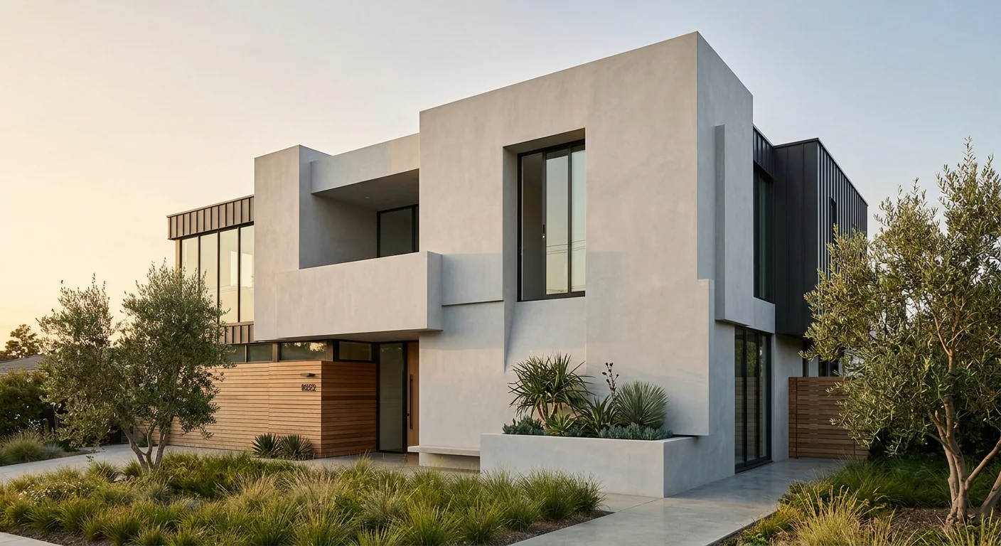 Modern home exterior featuring a smooth foam-rendered feature wall with crisp architectural lines