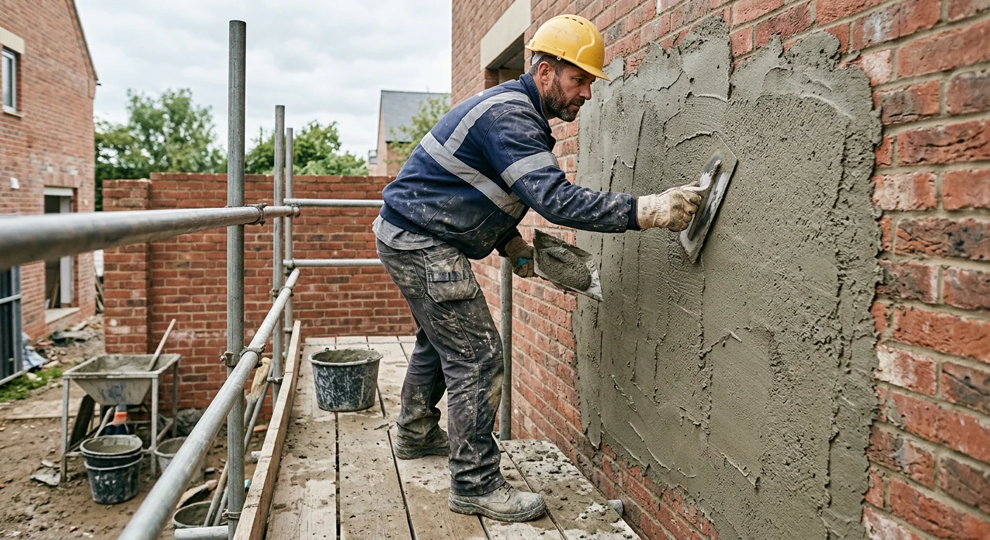 Tradesman applying a base coat of render to an exterior brick wall on a Melbourne home