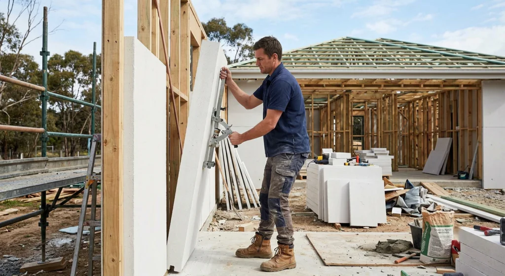 A-tradesman-installing-Hebel-aerated-concrete-panels-onto-a-timber-frame-wall-on-a-new-home-build-site-using-a-panel-lifter-natural-daylight