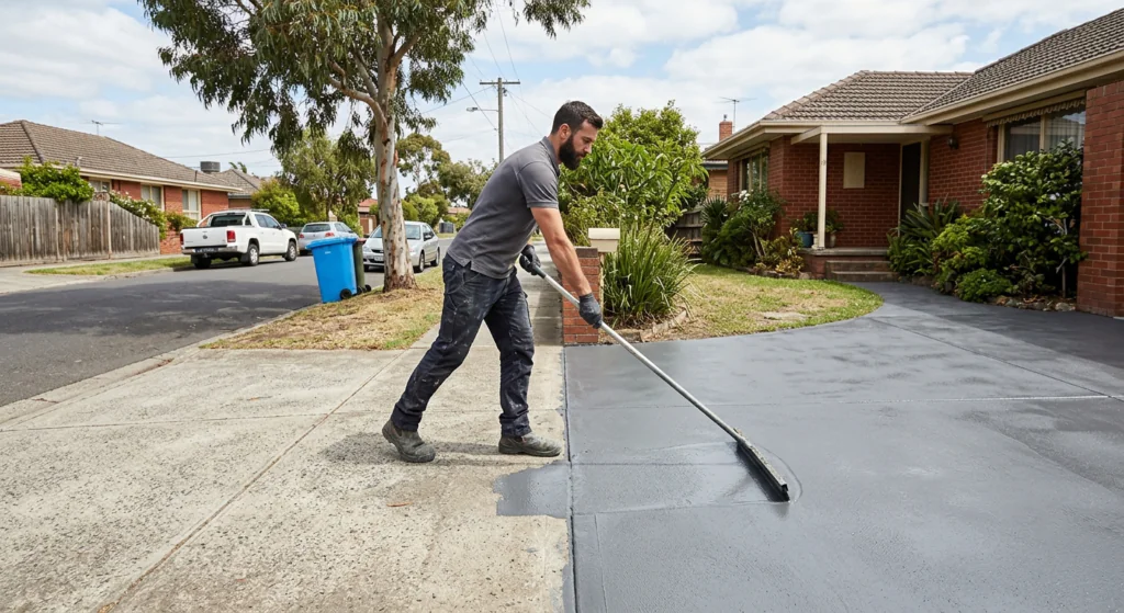 A-tradesperson-applying-a-concrete-resurfacing-coating-to-a-residential-driveway-using-a-squeegee-natural-daylight-Melbourne-suburb