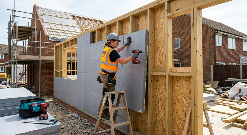 A-tradesperson-fixing-a-lightweight-EPS-foam-panel-onto-a-timber-frame-wall-on-a-residential-extension-site-natural-daylight