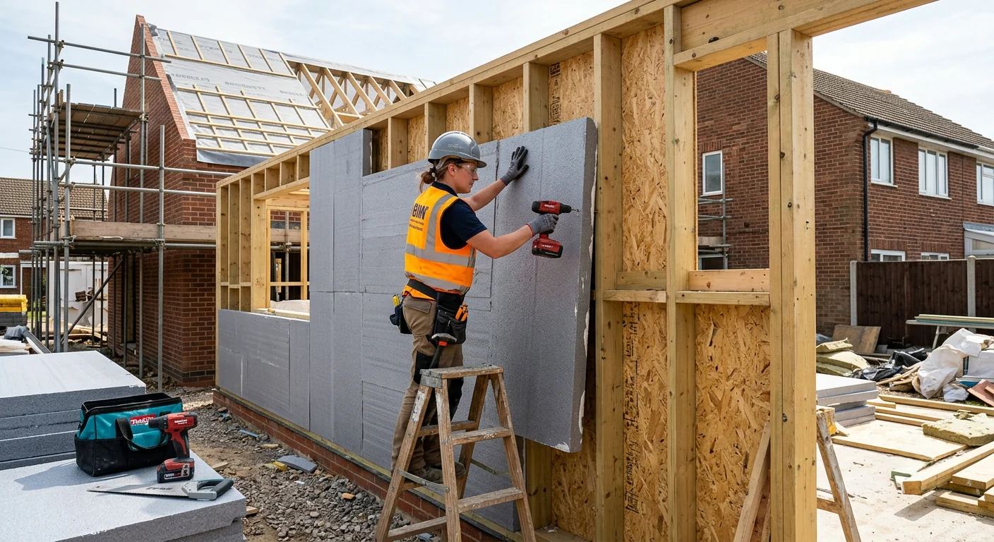 Tradesperson fixing a lightweight EPS foam panel onto a timber frame wall on a Melbourne extension site