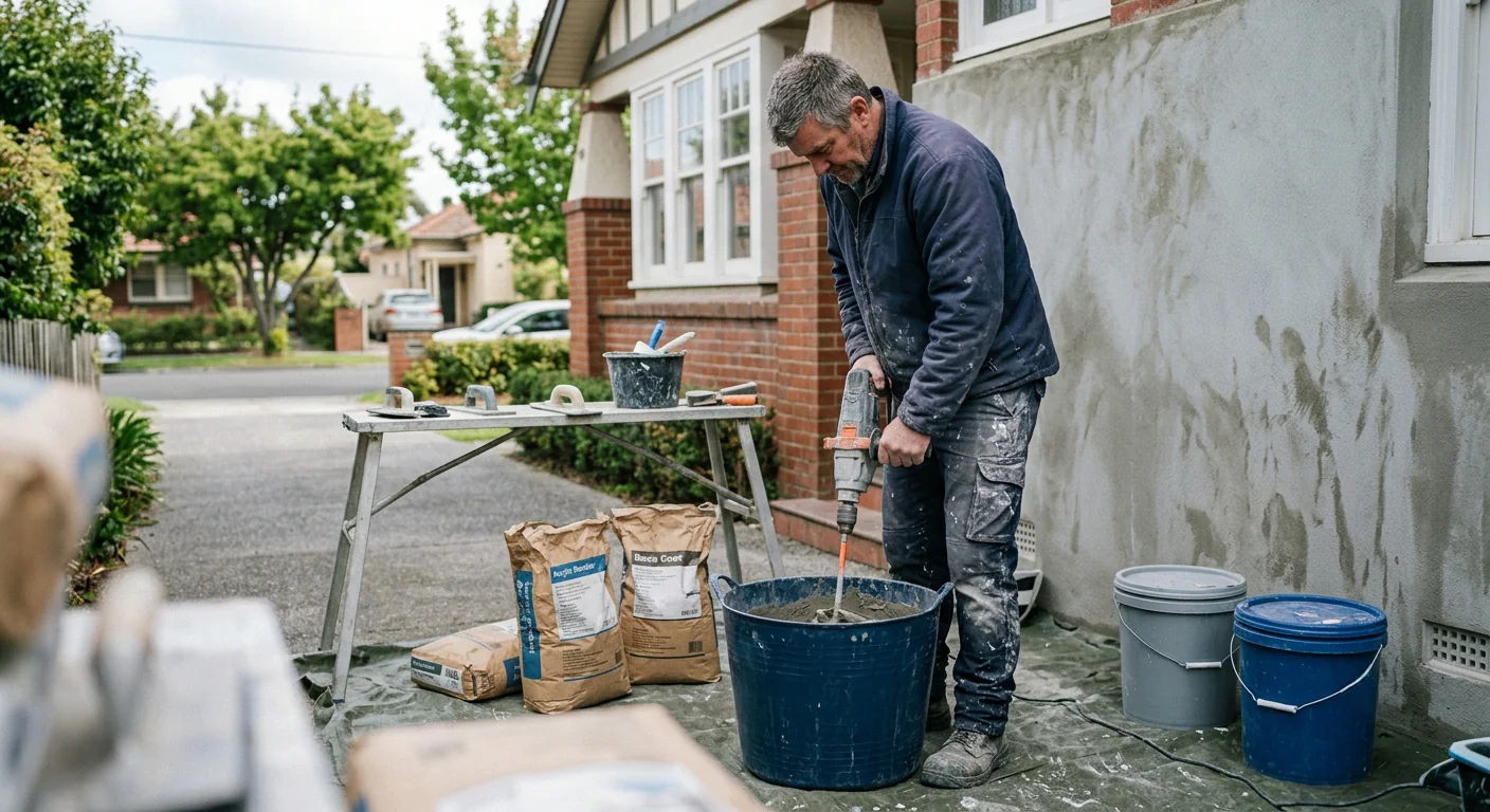 Tradesperson mixing acrylic render on a residential jobsite in Melbourne