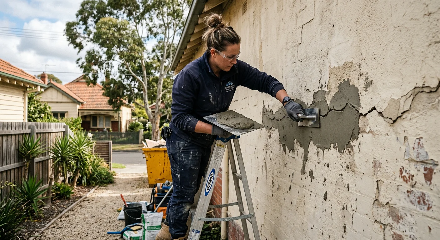 Tradesperson patching a cracked section of render on an exterior wall of a Melbourne home