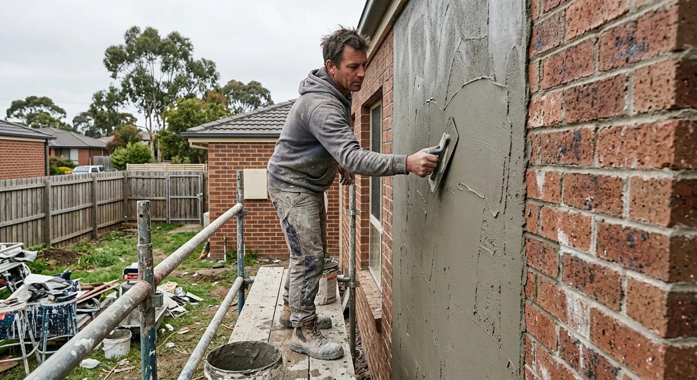 Acrylic render being applied to a brick exterior wall