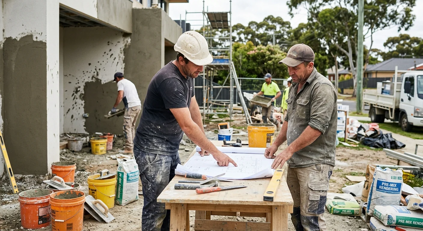 Two tradesmen reviewing plans on an active render and plastering job site in Cranbourne
