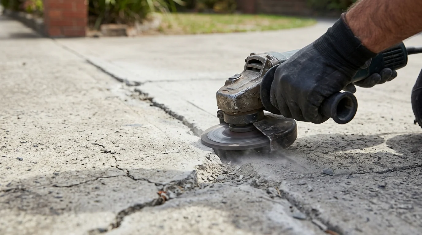 Close-up of a cracked concrete driveway surface being prepared with a grinder before resurfacing