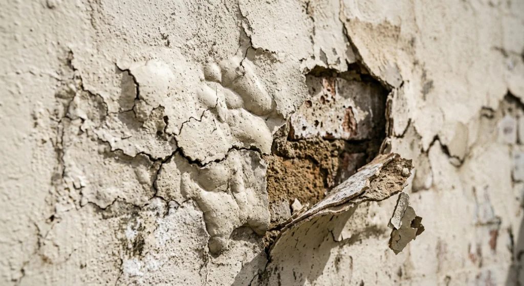 Close-up-of-bubbling-and-delaminating-render-peeling-away-from-an-exterior-wall-surface-showing-damage-detail