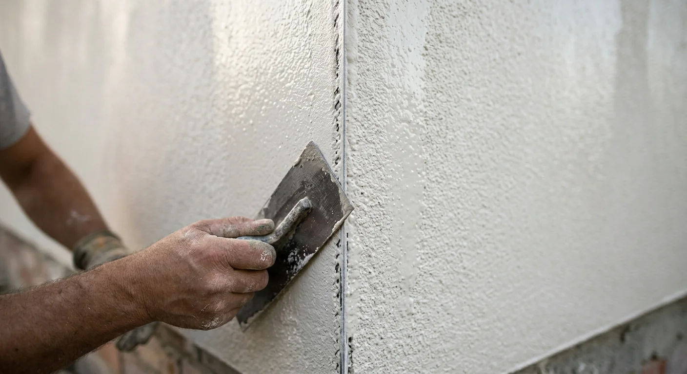 Close-up of a trowel smoothing a crisp render corner on a Melbourne house exterior