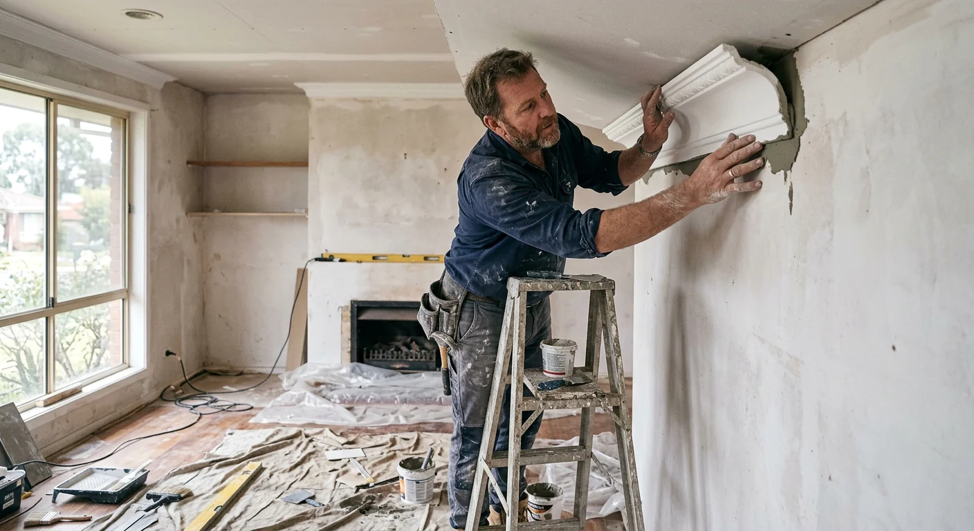 Decorative plaster cornice moulding installed along a ceiling edge