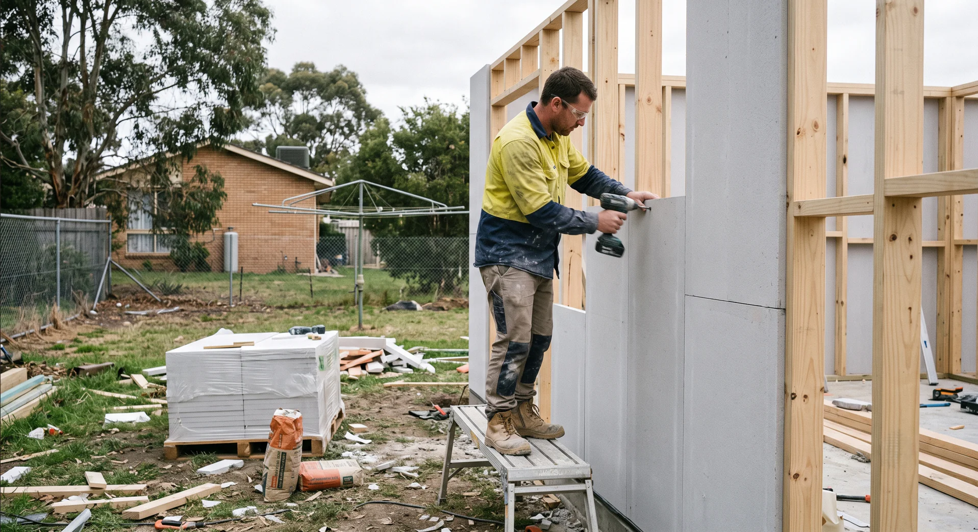 Hebel panel wall installation on a new home extension frame