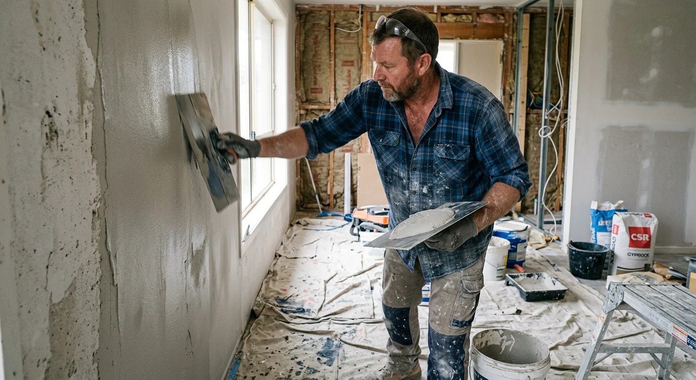 Tradesman applying a smooth interior wall plastering finish