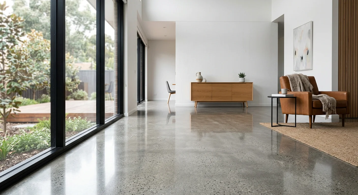 Polished concrete floor finish in a living area
