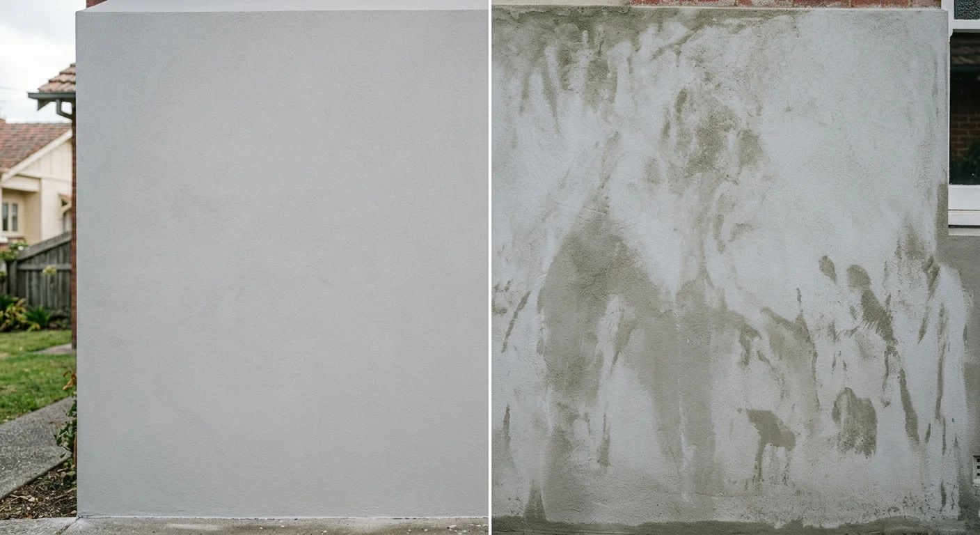 Comparison of a crisp professionally rendered wall next to an uneven patchy render finish