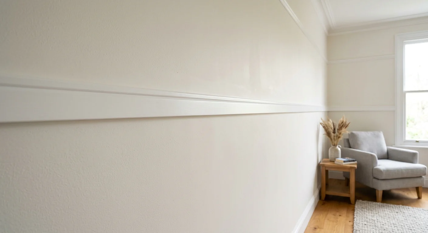 Freshly painted white picture rail wall trim moulding along an interior living room wall