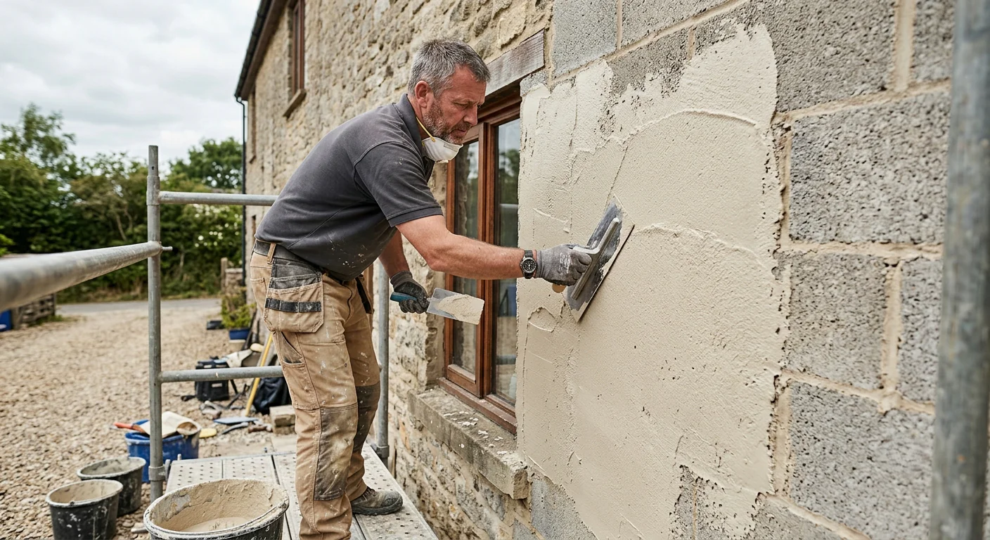 Tradesperson applying acrylic rendering to an exterior house wall