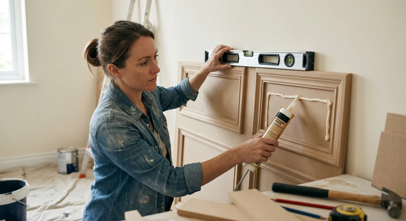 Tradesperson fixing decorative wall moulding trim to an interior wall