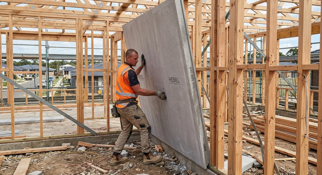 A-tradesperson-lifting-and-positioning-a-Hebel-panel-against-a-timber-house-frame-during-construction