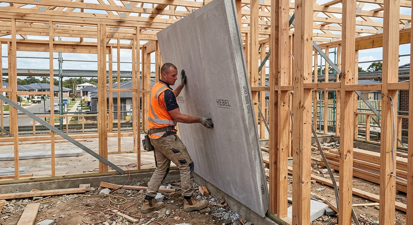 Tradesperson positioning a Hebel panel against a house frame during construction