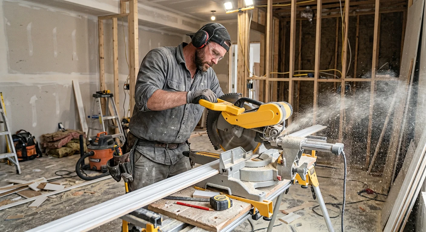 Tradesperson measuring and cutting wall trim moulding on site