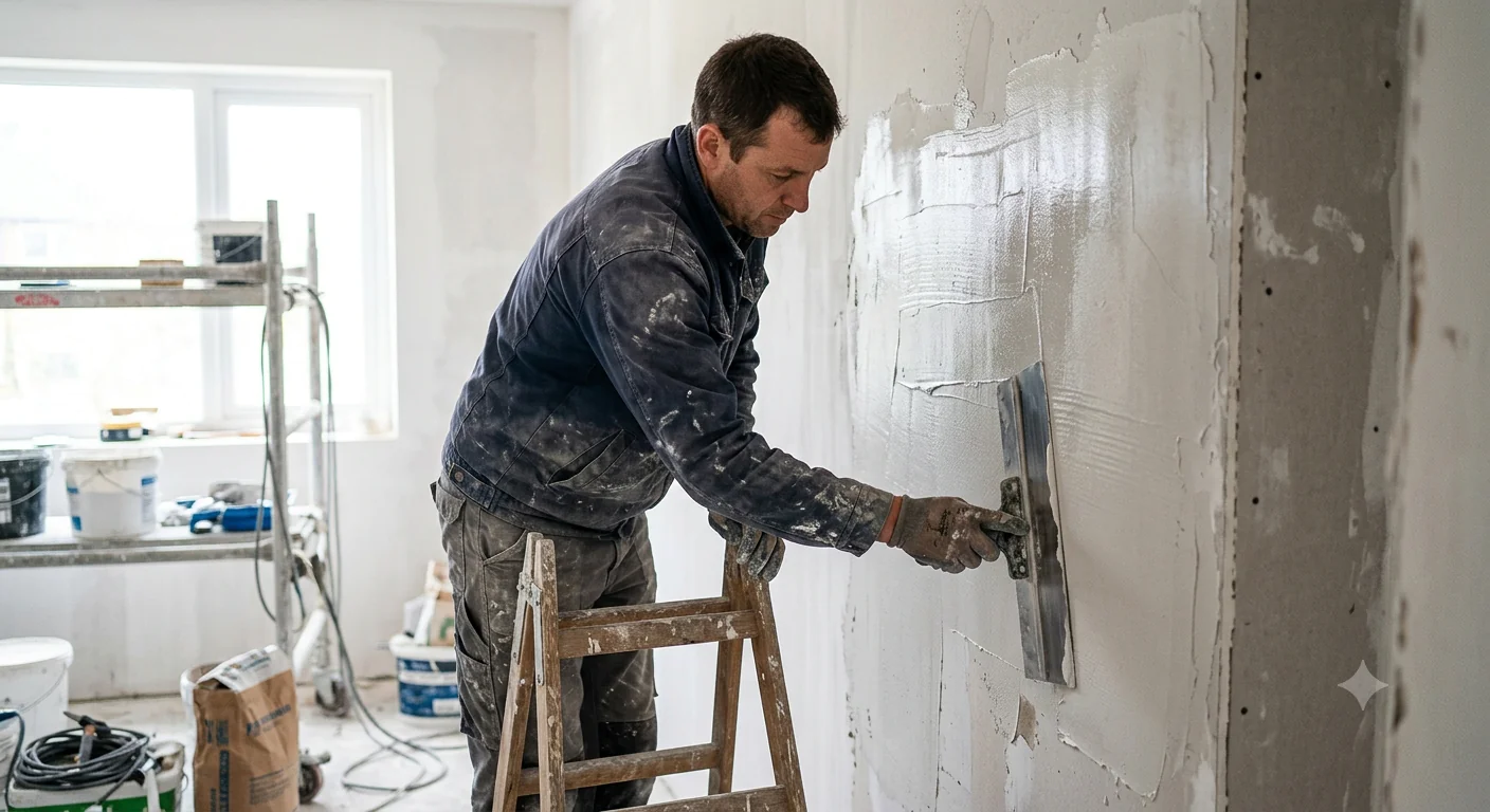 Plastering contractor skimming fresh plaster onto an interior wall
