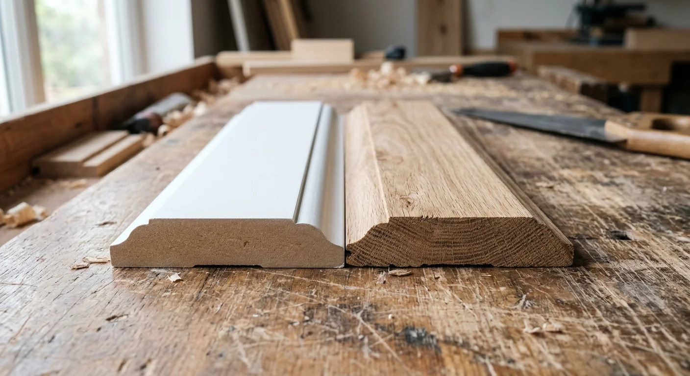 Close-up comparison of primed MDF and solid timber wall trim moulding samples