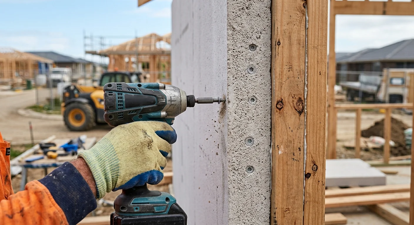 Close-up of a Hebel PowerPanel being fixed into place on a house frame