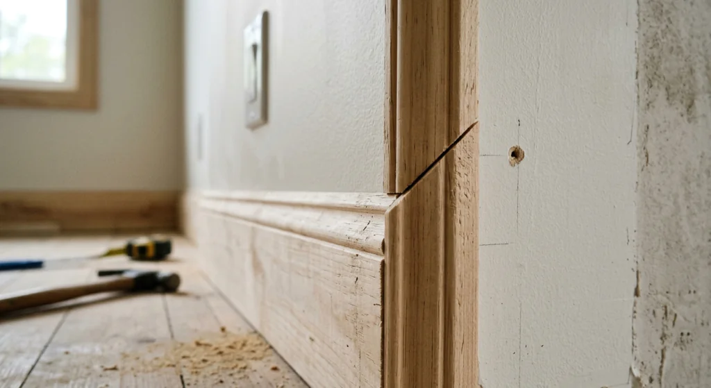 Close-up-of-a-mitred-corner-joint-on-timber-wall-trim-moulding-freshly-installed-and-unpainted