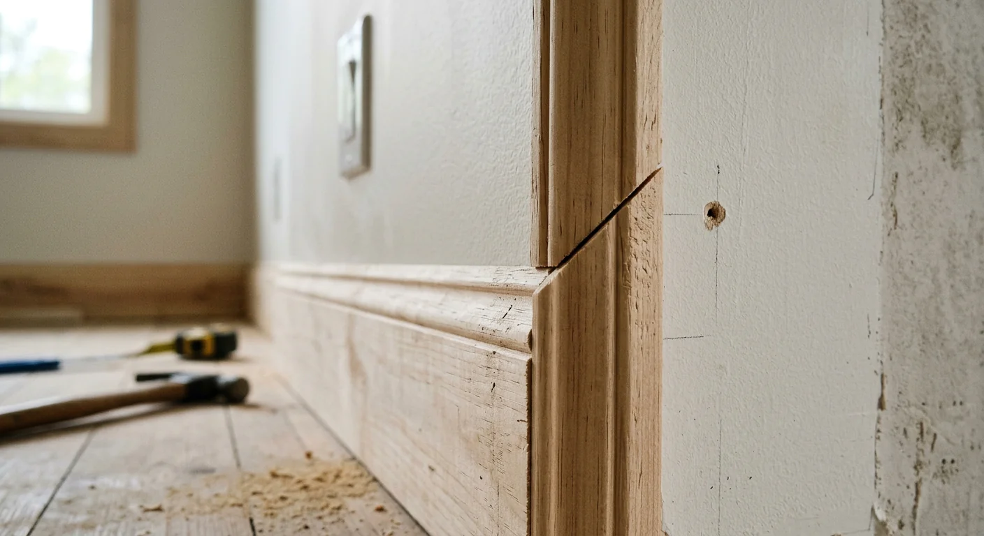 Close-up of a mitred corner joint on freshly installed wall trim moulding