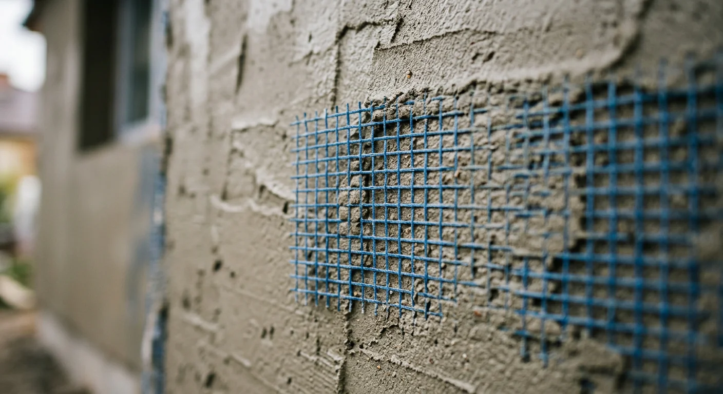 Close-up of an acrylic render base coat with reinforcing mesh on an exterior wall