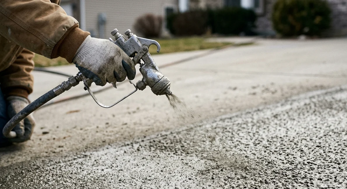 Close-up of a textured spray-on concrete overlay being applied to a driveway
