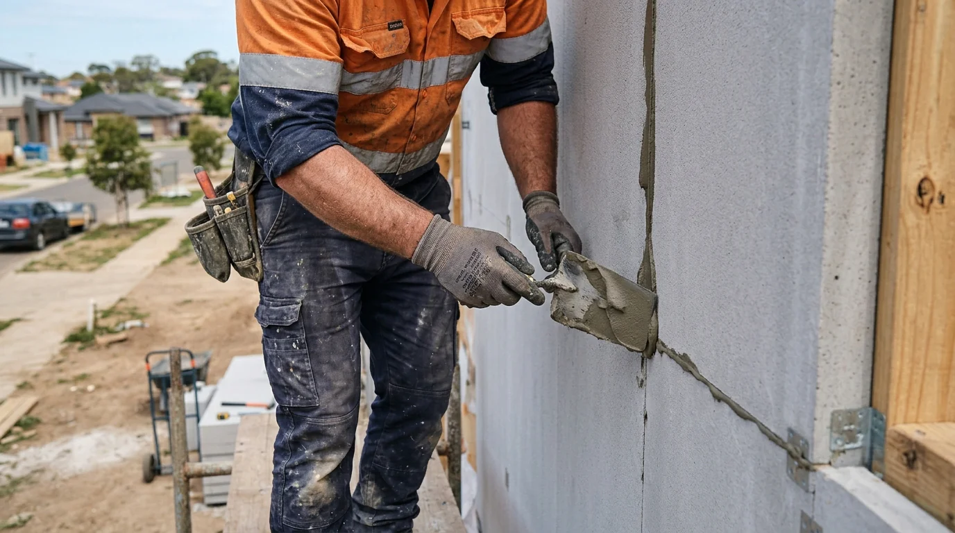 Close-up of adhesive being applied to a Hebel panel joint during installation