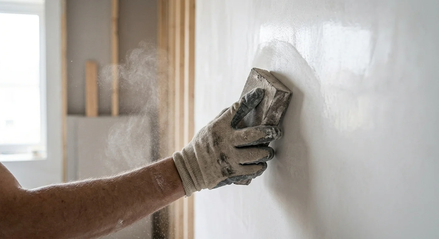 Close-up of a tradesperson sanding a freshly plastered wall surface before painting