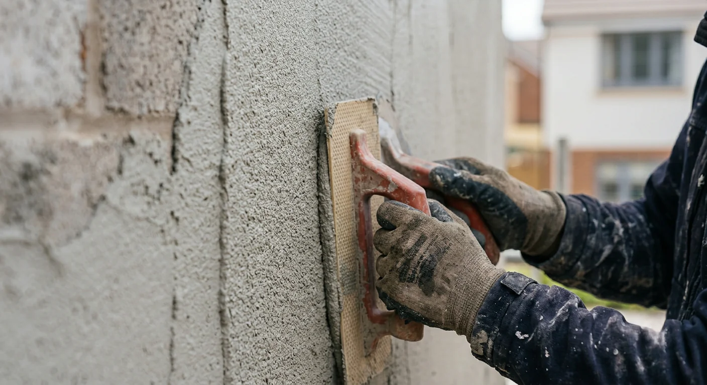 Close-up of an acrylic render topcoat being smoothed onto an exterior wall