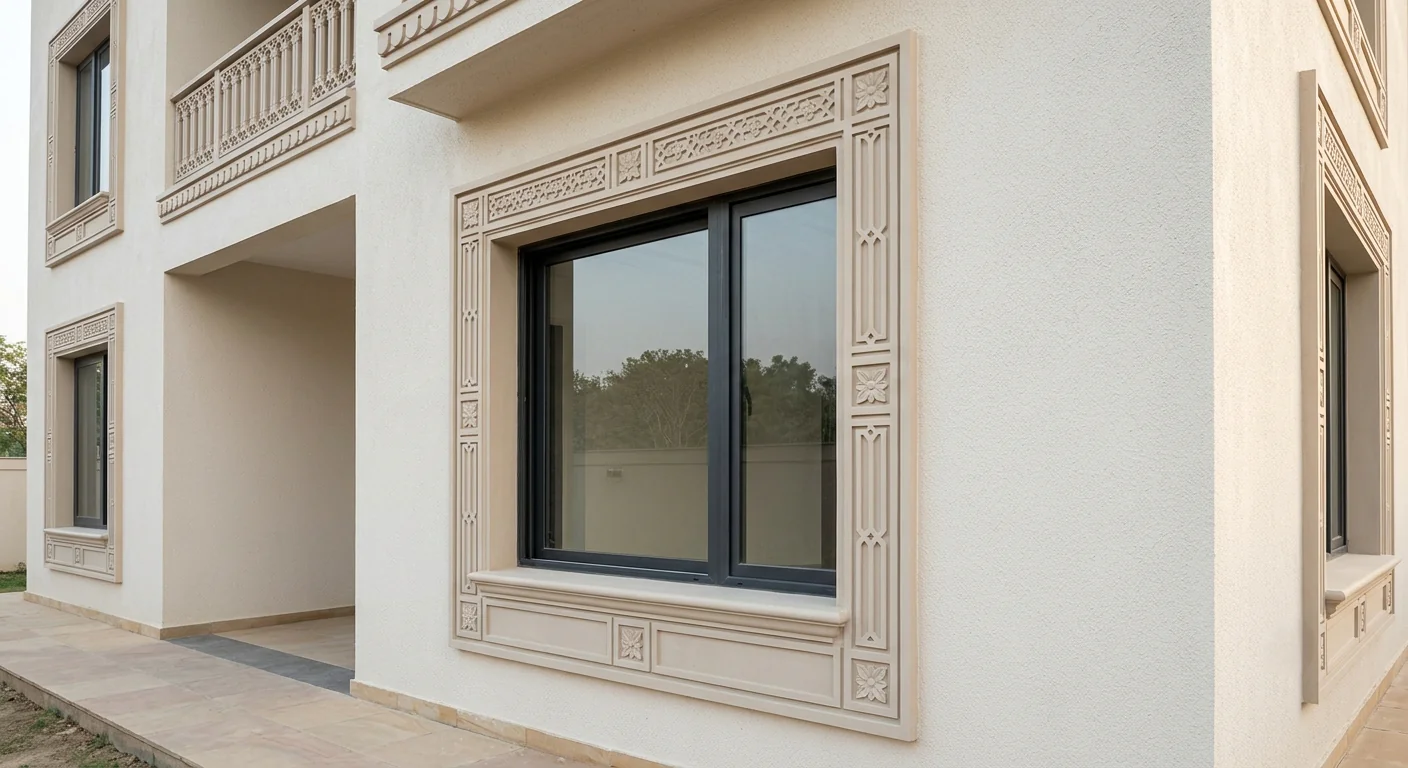 Exterior facade detail showing decorative cement-based moulding trim around a window