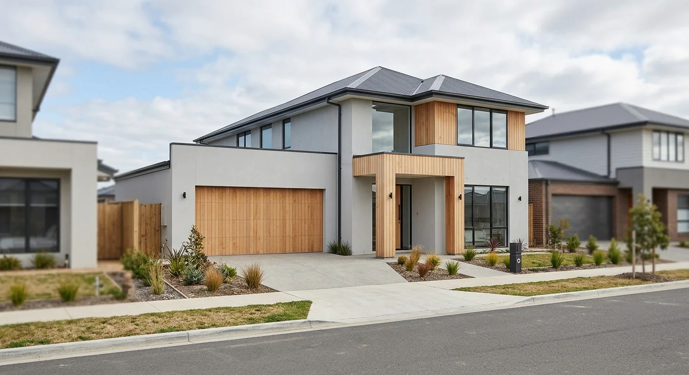 Exterior of a rendered home with Hebel wall panel cladding in a new residential street
