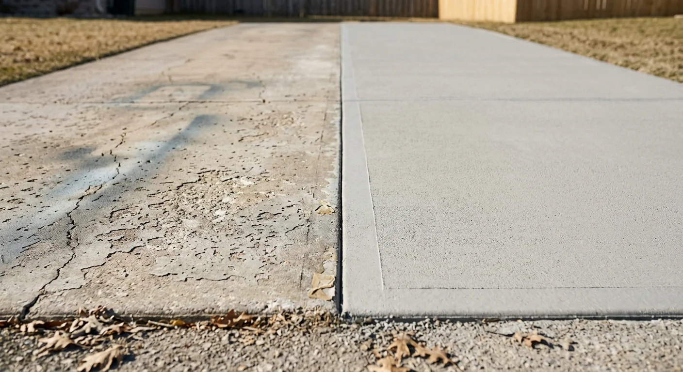 Comparison of an old faded concrete driveway next to a freshly resurfaced section