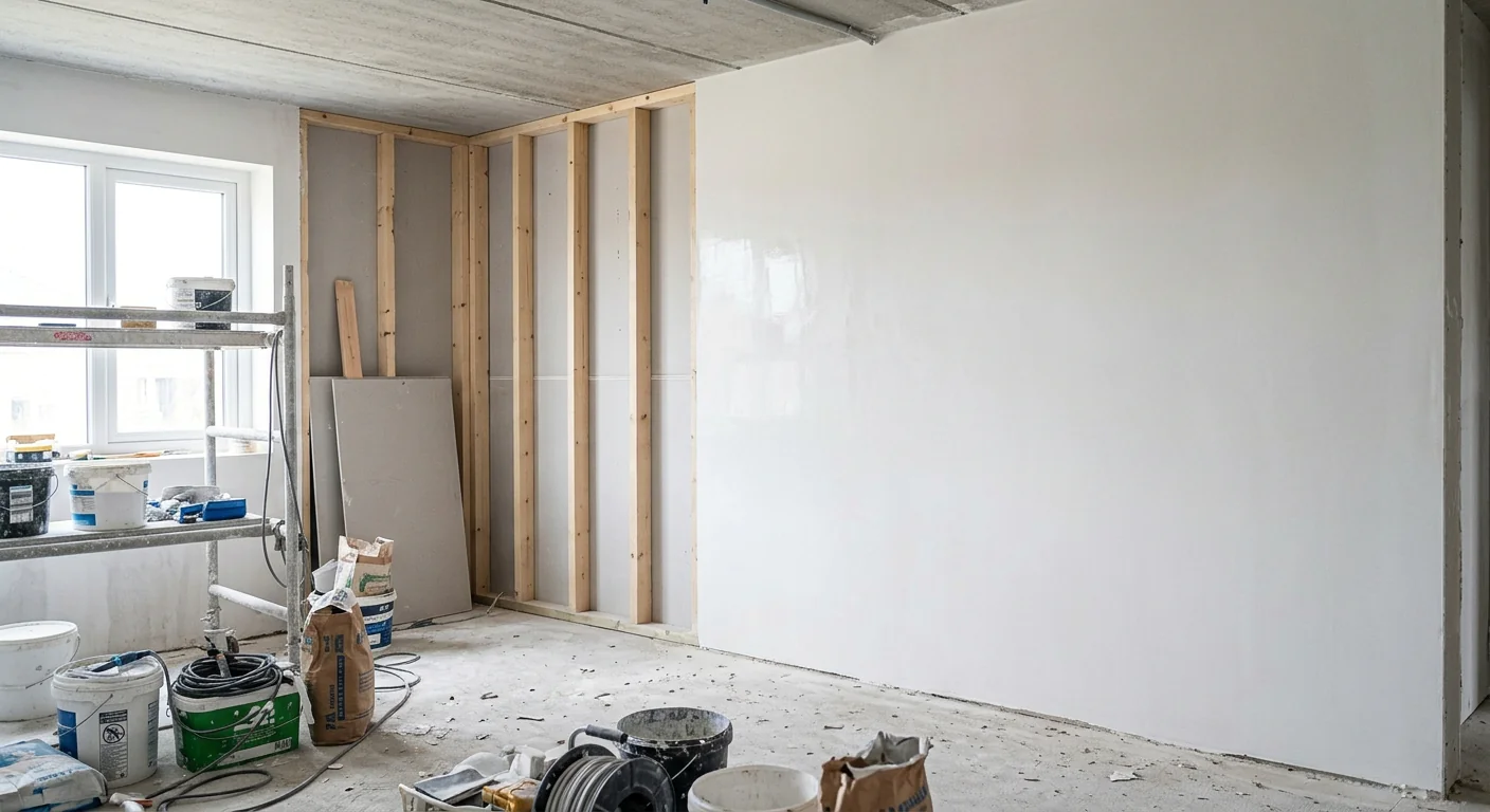 Partially completed new build interior showing stud framing and a freshly finished plastered wall